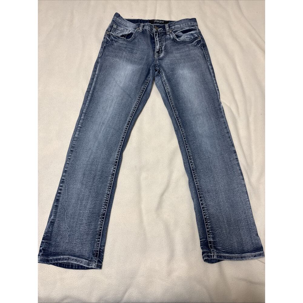 True Luck Jeans Mens 30x32 Blue Straight Denim Contrast Stitch Distressed Pocket